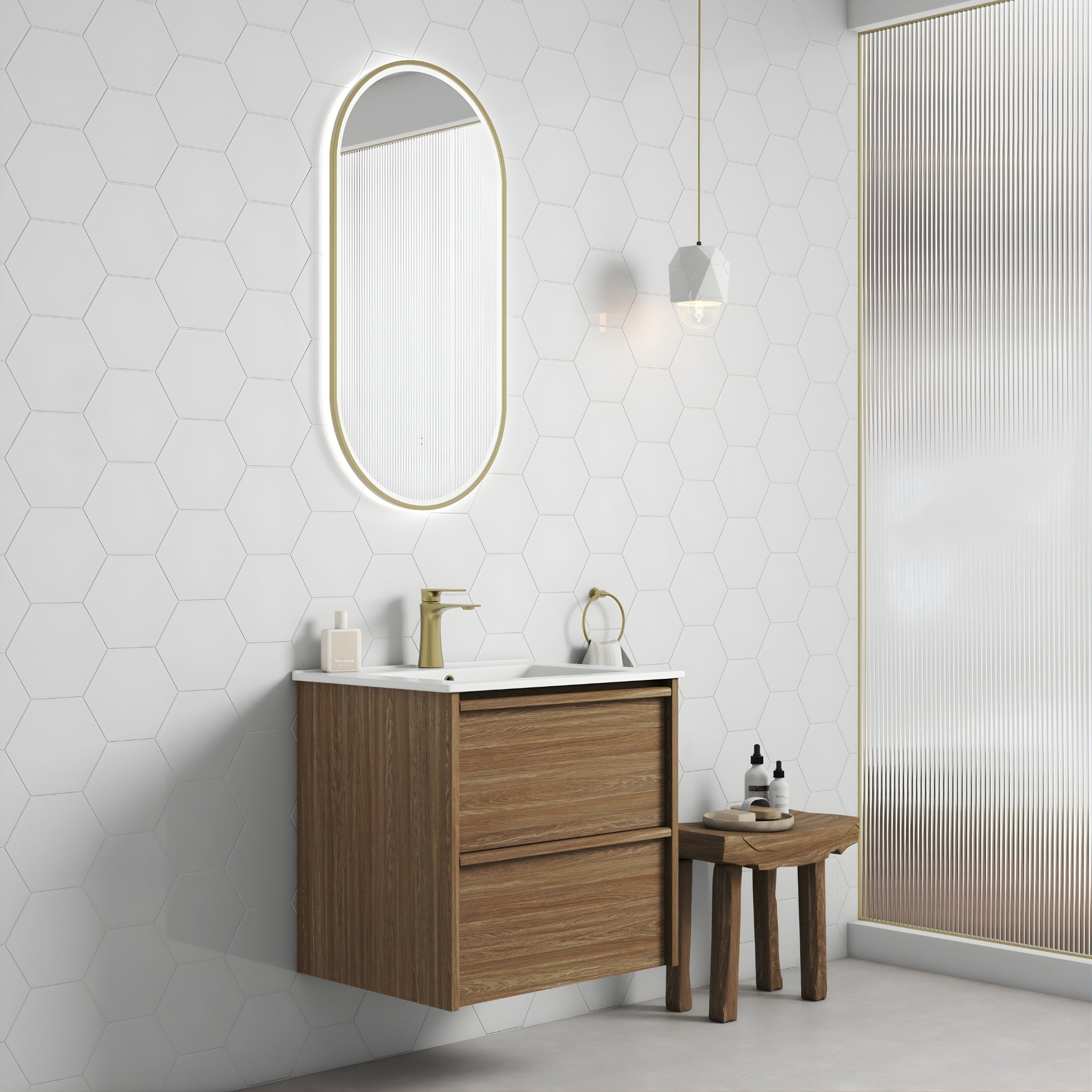 AULIC VENETTA HARVEST OAK 600MM SINGLE BOWL FRAMED WALL HUNG VANITY