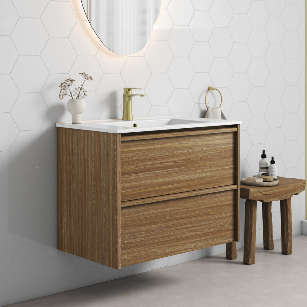 AULIC VENETTA HARVEST OAK 750MM SINGLE BOWL FRAMED WALL HUNG VANITY