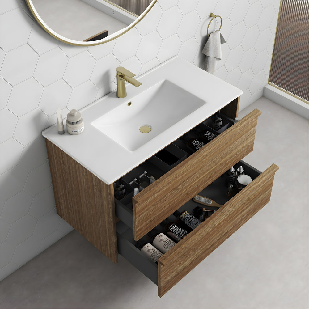 AULIC VENETTA HARVEST OAK 750MM SINGLE BOWL FRAMED WALL HUNG VANITY
