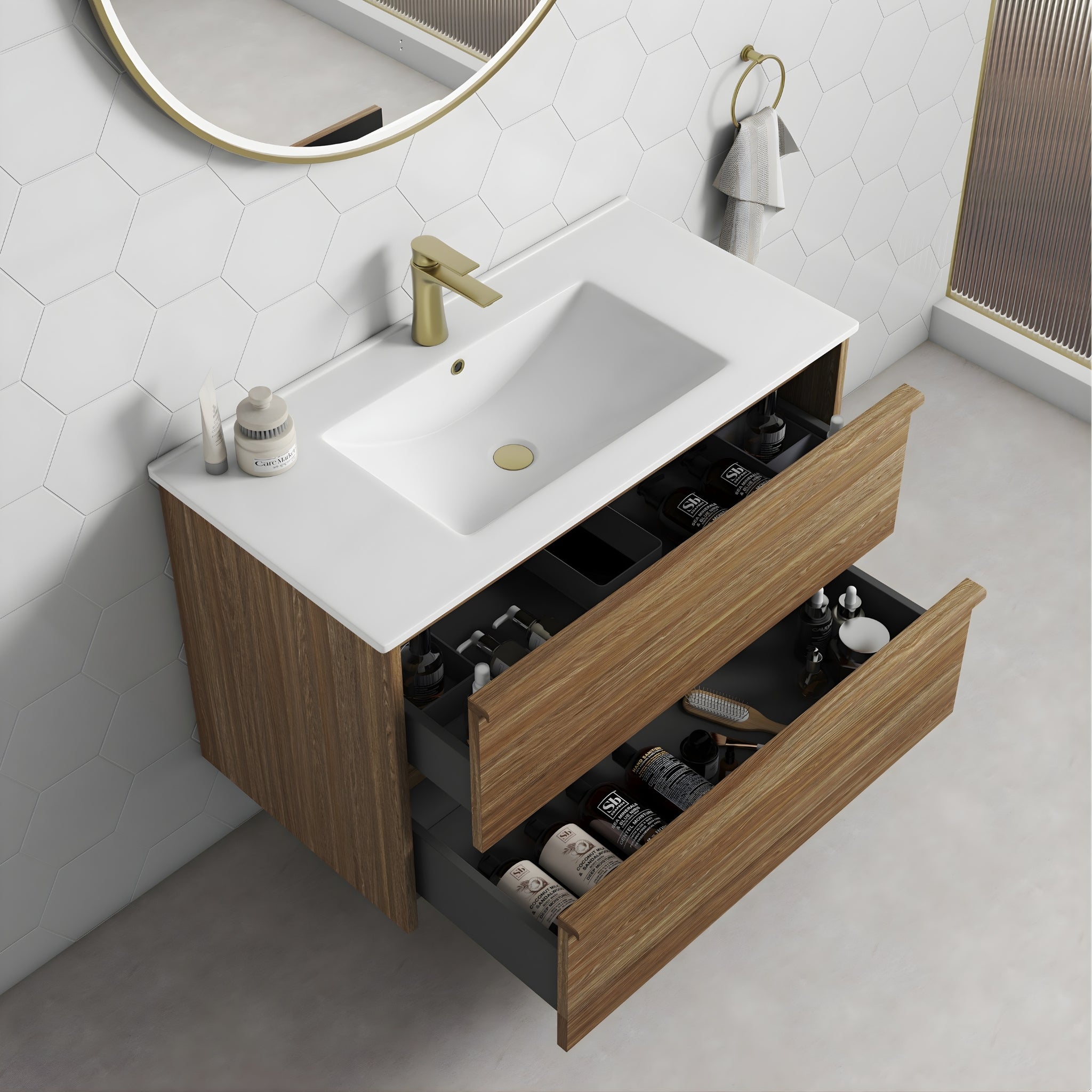 AULIC VENETTA HARVEST OAK 750MM SINGLE BOWL FRAMED WALL HUNG VANITY