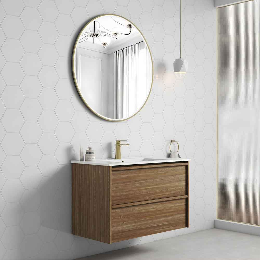 AULIC VENETTA HARVEST OAK 900MM SINGLE BOWL FRAMED WALL HUNG VANITY