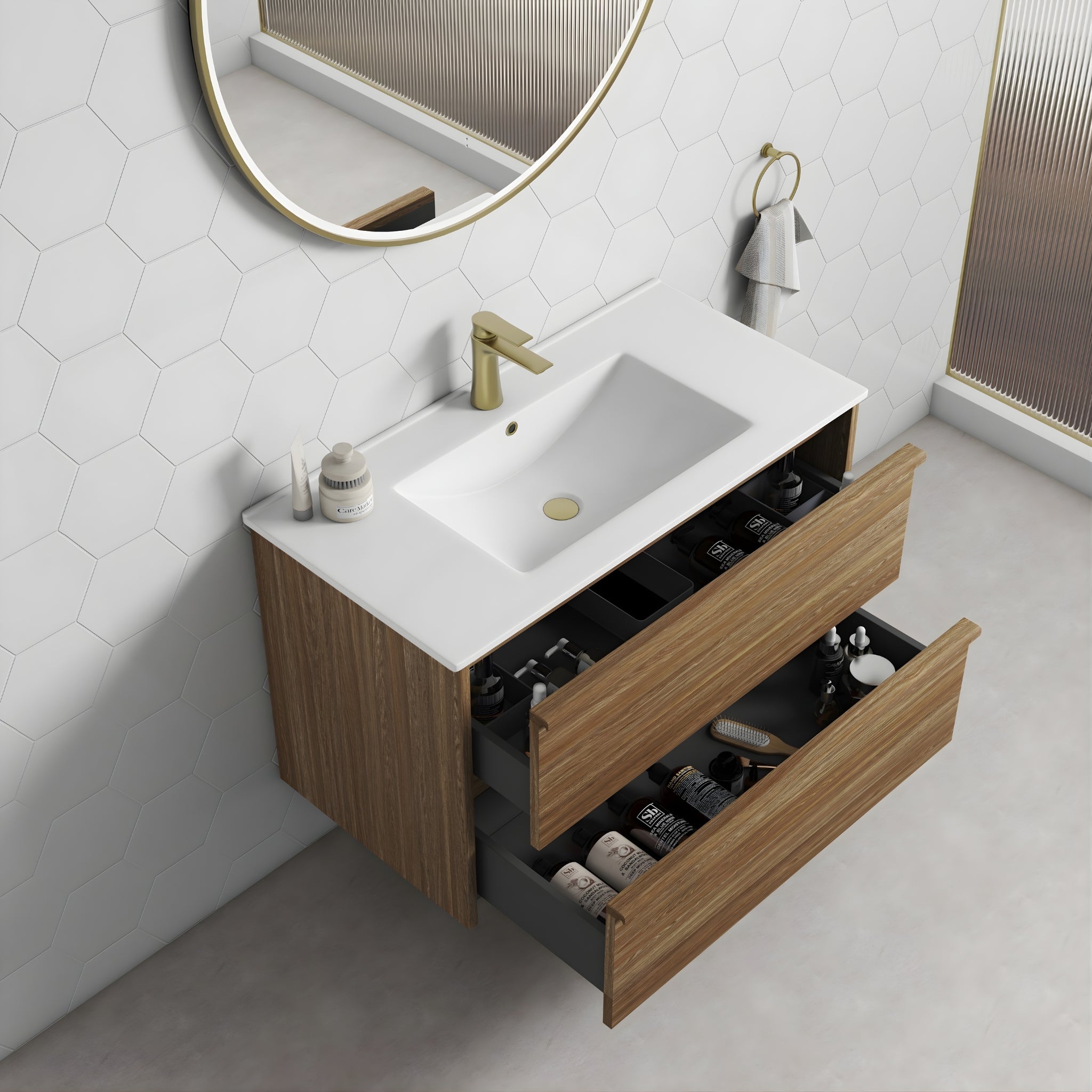 AULIC VENETTA HARVEST OAK 900MM SINGLE BOWL FRAMED WALL HUNG VANITY