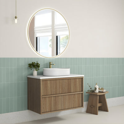 AULIC VENETTA HARVEST OAK 900MM SINGLE BOWL FLUTED WALL HUNG VANITY