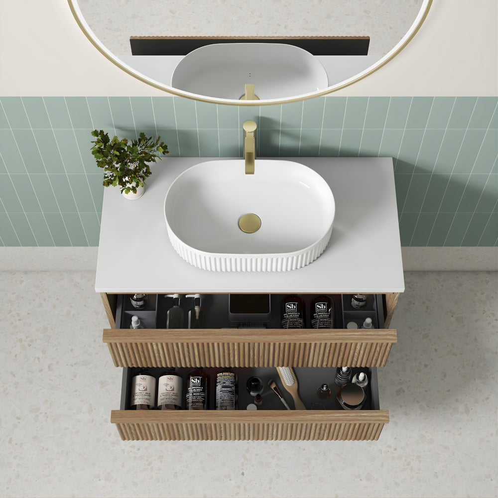 AULIC VENETTA HARVEST OAK 900MM SINGLE BOWL FLUTED WALL HUNG VANITY