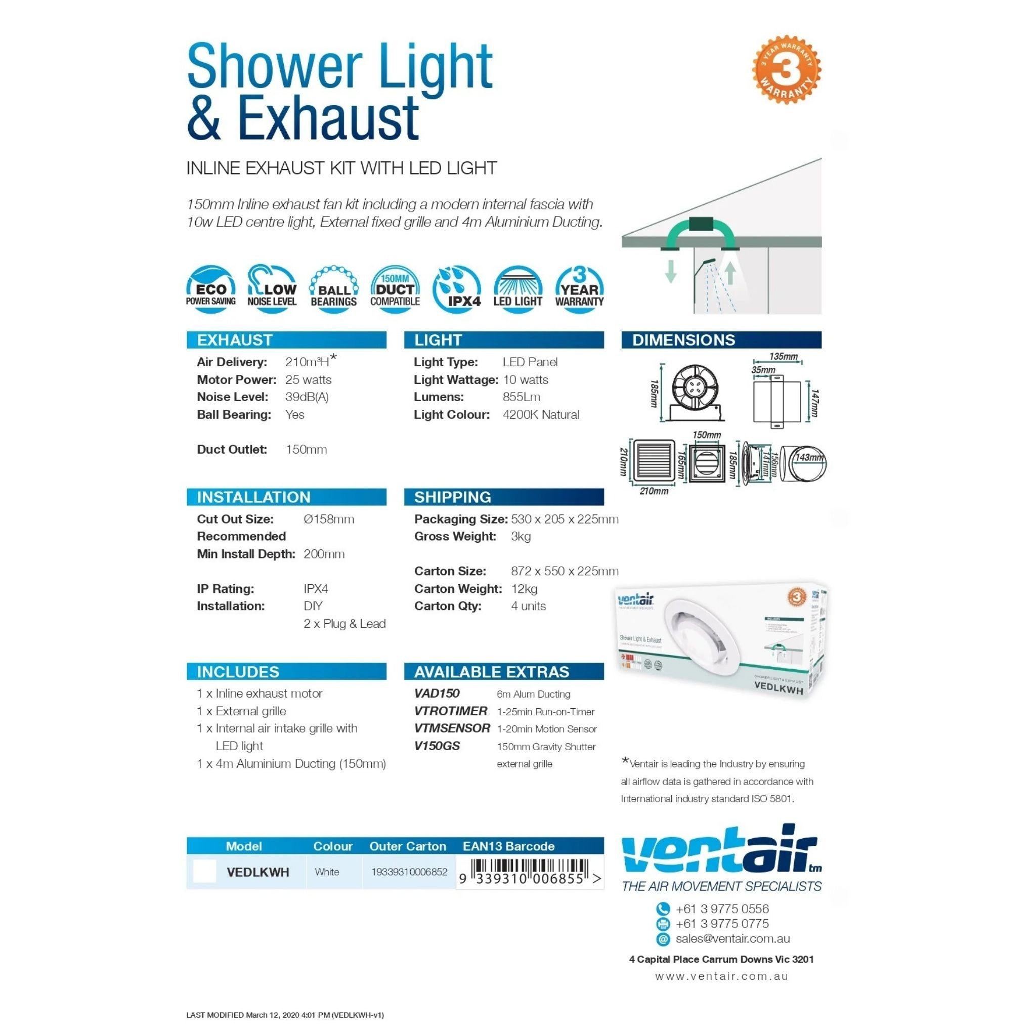 VENTAIR SHOWER LIGHT & EXHAUST KIT WHITE