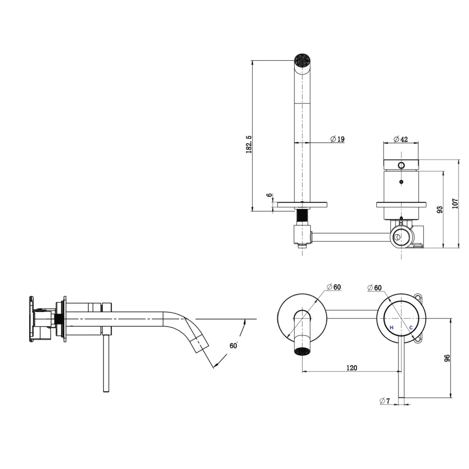 JOHNSON SUISSE VENEZIA LEAD FREE WALL BASIN / BATH MIXER COMPLETE KIT 182.5MM BRUSHED BRASS