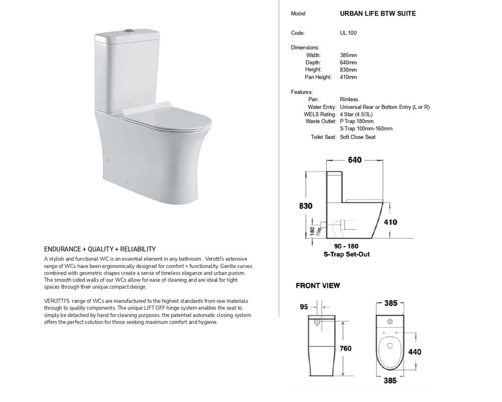 VEROTTI URBAN LIFE BACK TO WALL TOILET SUITE GLOSS WHITE
