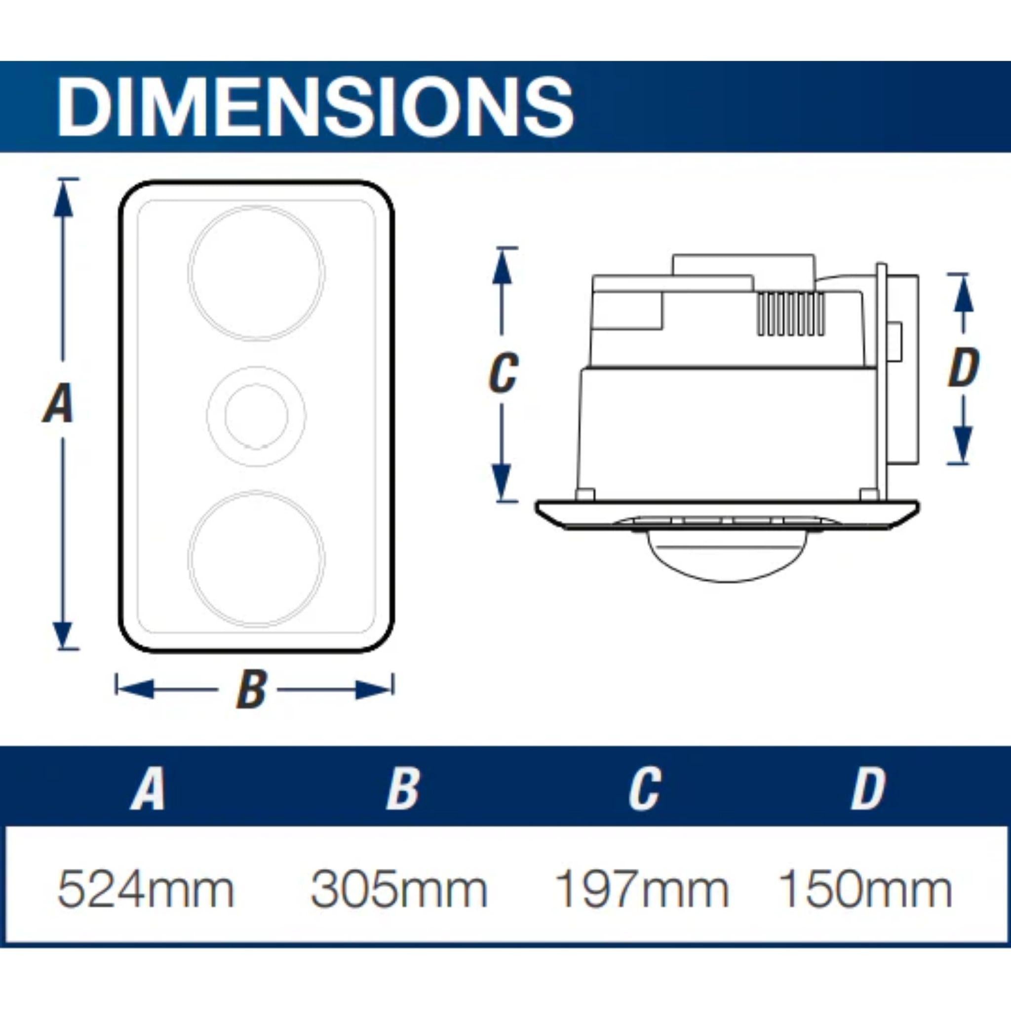 VENTAIR BROOK 2 HIGH EXTRACTION SERIES, 3IN1 BATHROOM UNIT WITH 2 HEAT GLOBES, LED CENTRE DOWNLIGHT AND EXHAUST FAN WHITE