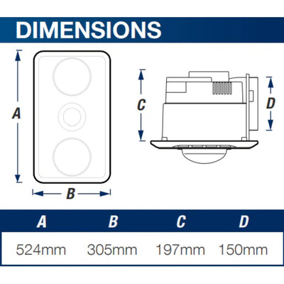 VENTAIR BROOK 2 HIGH EXTRACTION SERIES, 3IN1 BATHROOM UNIT WITH 2 HEAT GLOBES, LED CENTRE DOWNLIGHT AND EXHAUST FAN WHITE