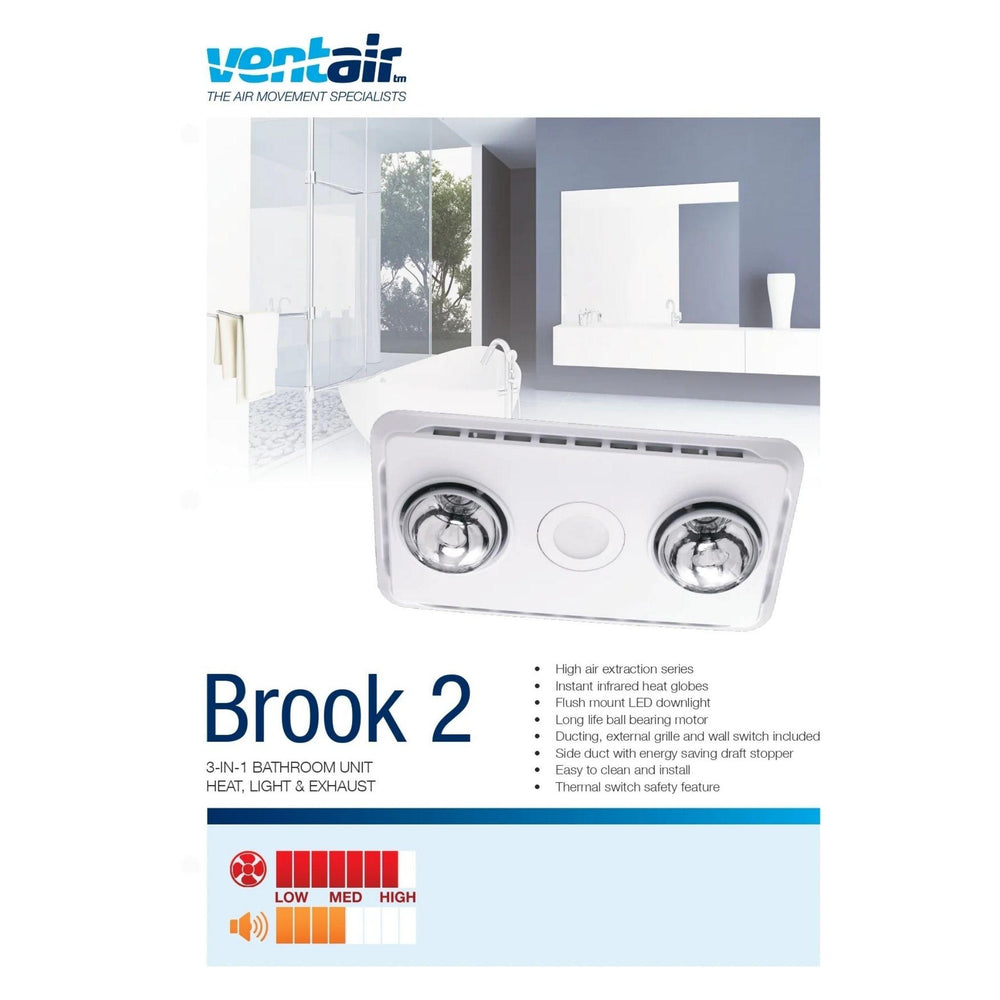 VENTAIR BROOK 2 HIGH EXTRACTION SERIES, 3IN1 BATHROOM UNIT WITH 2 HEAT GLOBES, LED CENTRE DOWNLIGHT AND EXHAUST FAN WHITE