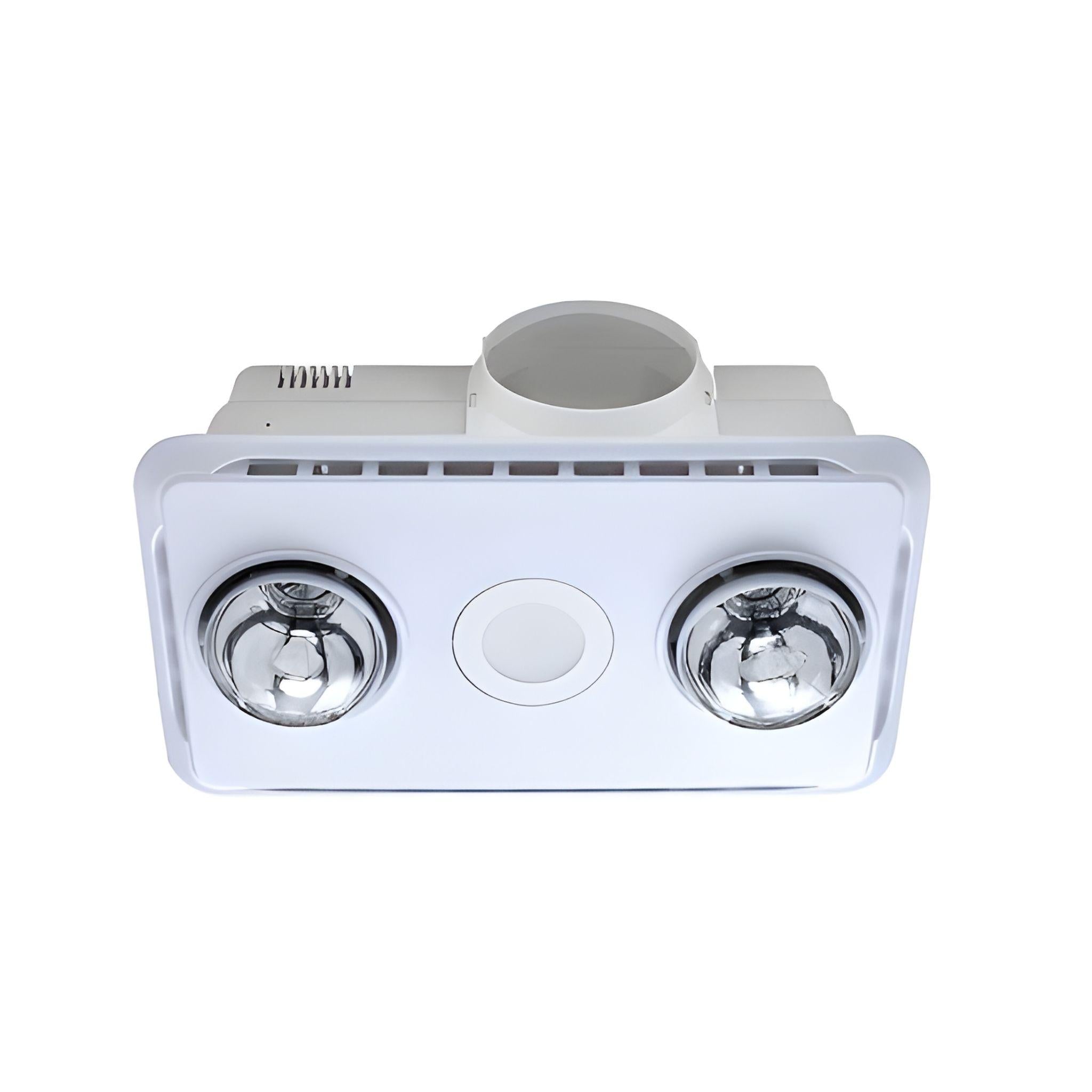 VENTAIR BROOK 2 HIGH EXTRACTION SERIES, 3IN1 BATHROOM UNIT WITH 2 HEAT GLOBES, LED CENTRE DOWNLIGHT AND EXHAUST FAN WHITE