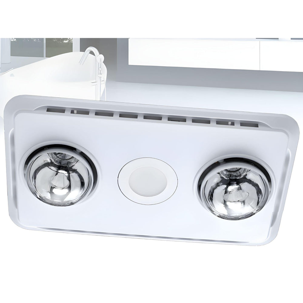 VENTAIR BROOK 2 HIGH EXTRACTION SERIES, 3IN1 BATHROOM UNIT WITH 2 HEAT GLOBES, LED CENTRE DOWNLIGHT AND EXHAUST FAN WHITE