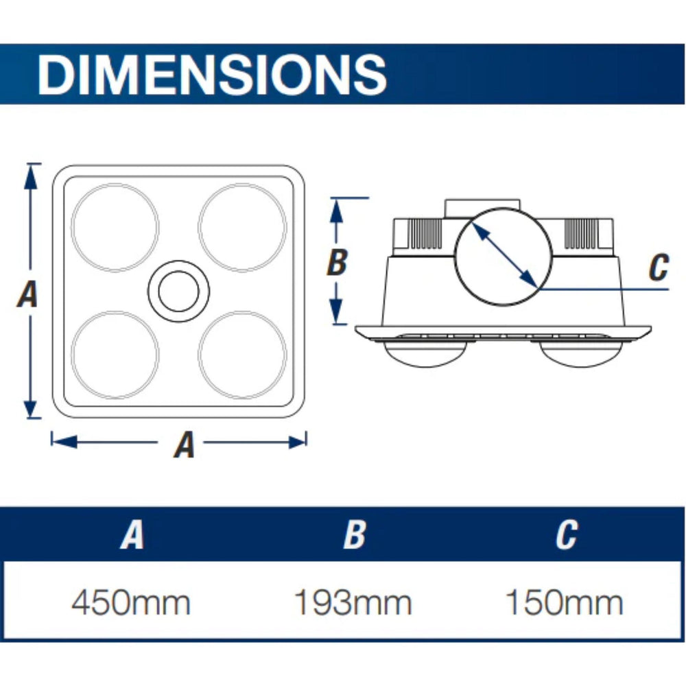 VENTAIR BROOK 4 HIGH EXTRACTION SERIES, 3 IN1 BATHROOM UNIT WITH 4 HEAT GLOBES, LED CENTRE DOWNLIGHT AND POWERFUL EXHAUST FAN WHITE