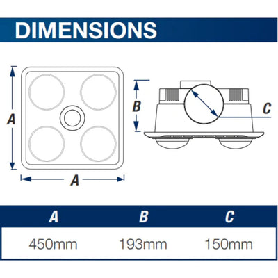 VENTAIR BROOK 4 HIGH EXTRACTION SERIES, 3 IN1 BATHROOM UNIT WITH 4 HEAT GLOBES, LED CENTRE DOWNLIGHT AND POWERFUL EXHAUST FAN WHITE