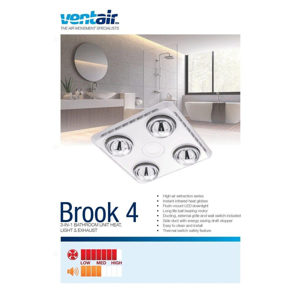 VENTAIR BROOK 4 HIGH EXTRACTION SERIES, 3 IN1 BATHROOM UNIT WITH 4 HEAT GLOBES, LED CENTRE DOWNLIGHT AND POWERFUL EXHAUST FAN WHITE