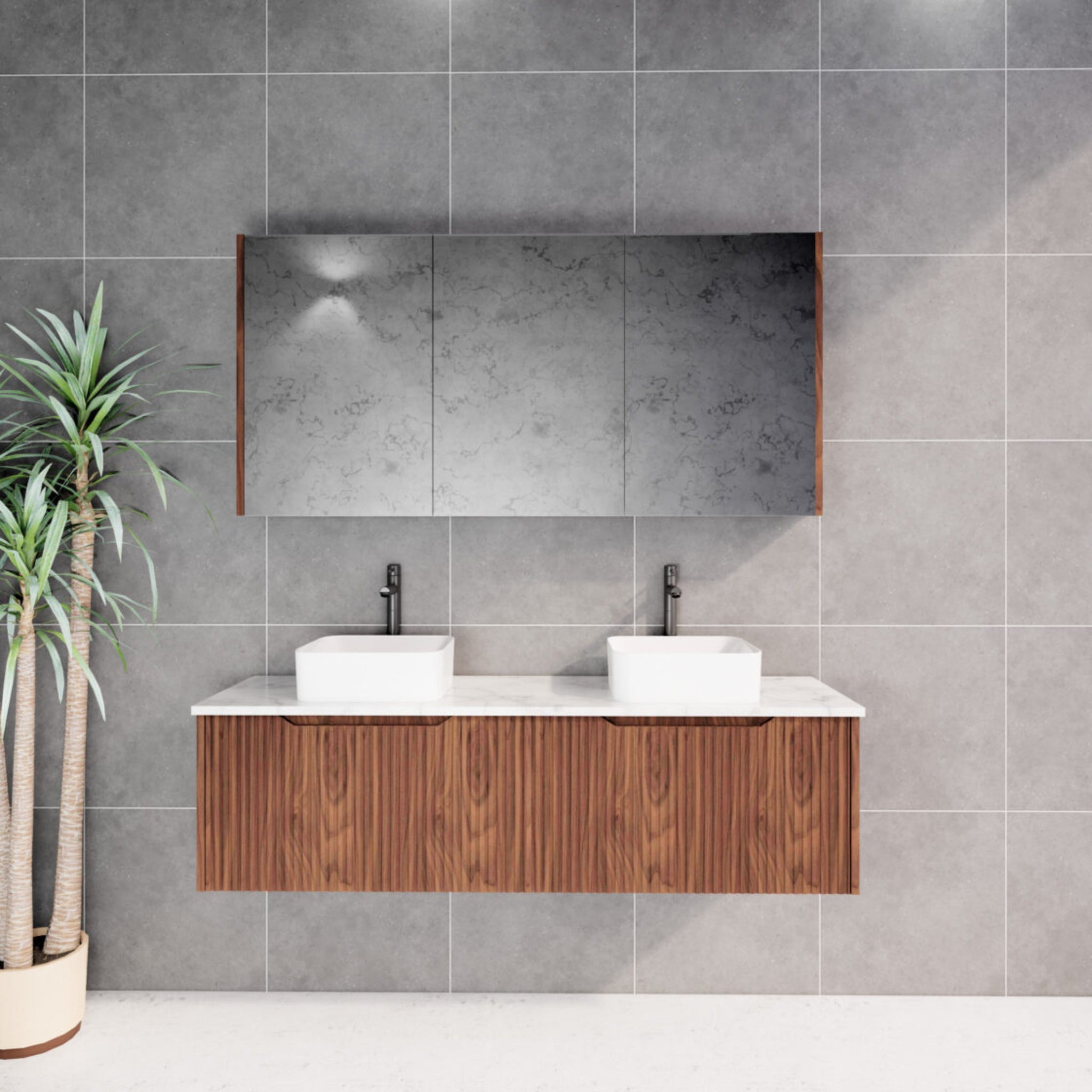 RIVA VIENNA BROWN OAK 1500MM DOUBLE BOWL WALL HUNG VANITY