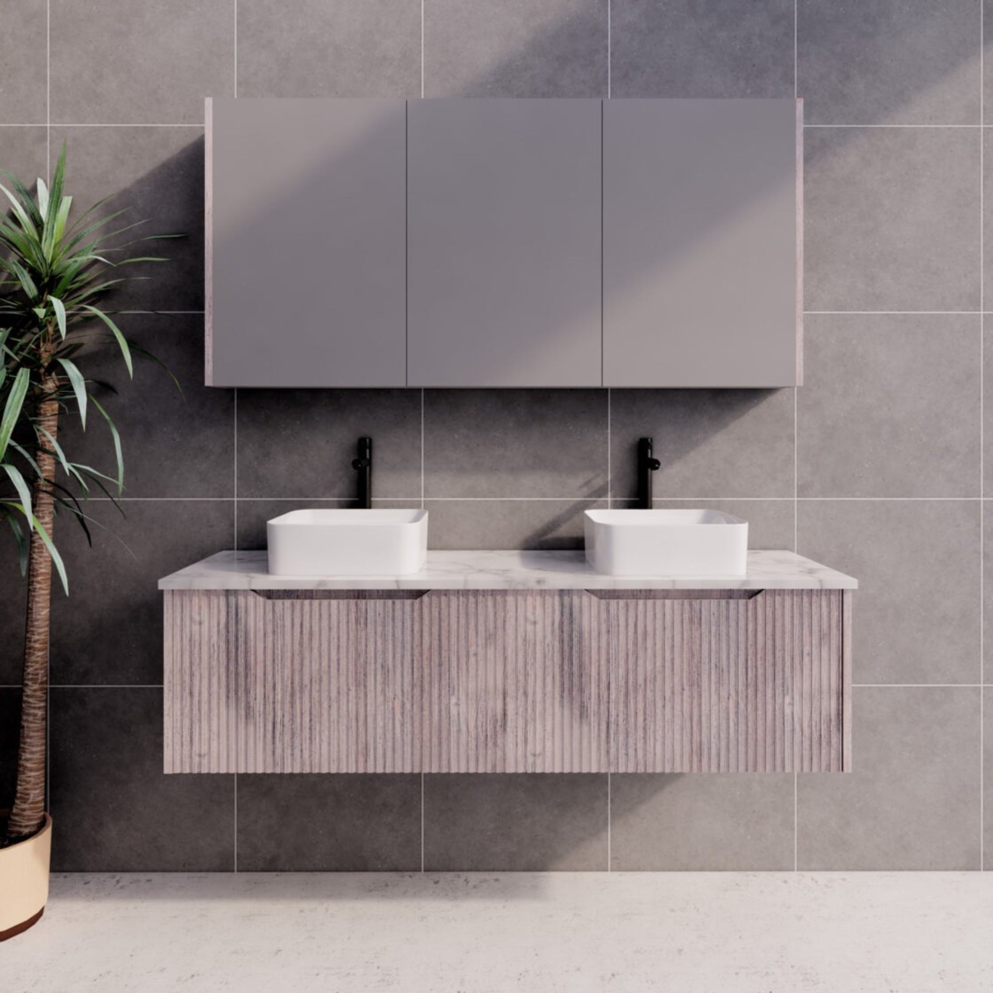 RIVA VIENNA WHITE OAK 1500MM DOUBLE BOWL WALL HUNG VANITY