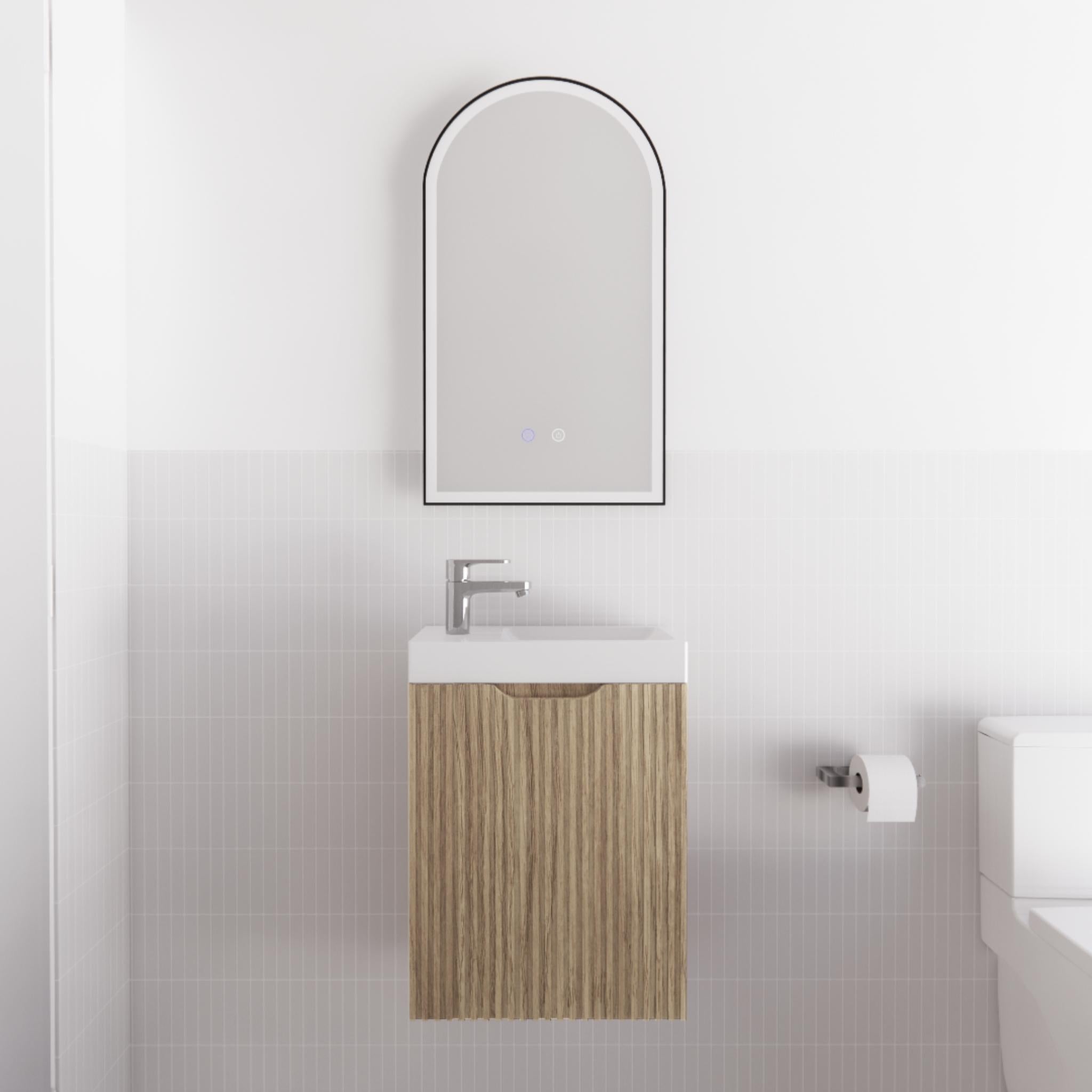 RIVA VIENNA AMERICAN OAK 450MM SPACE SAVING SINGLE BOWL WALL HUNG VANITY