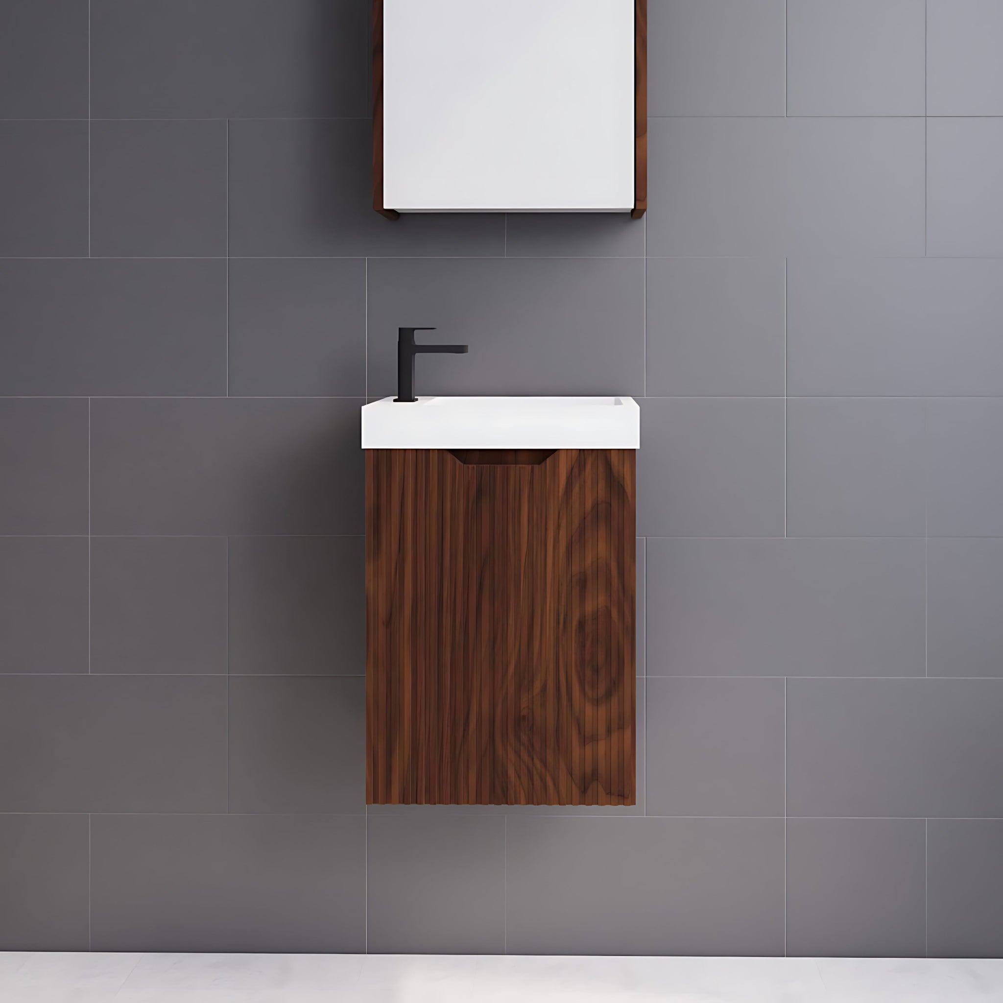 RIVA VIENNA BROWN OAK 450MM SPACE SAVING SINGLE BOWL WALL HUNG VANITY