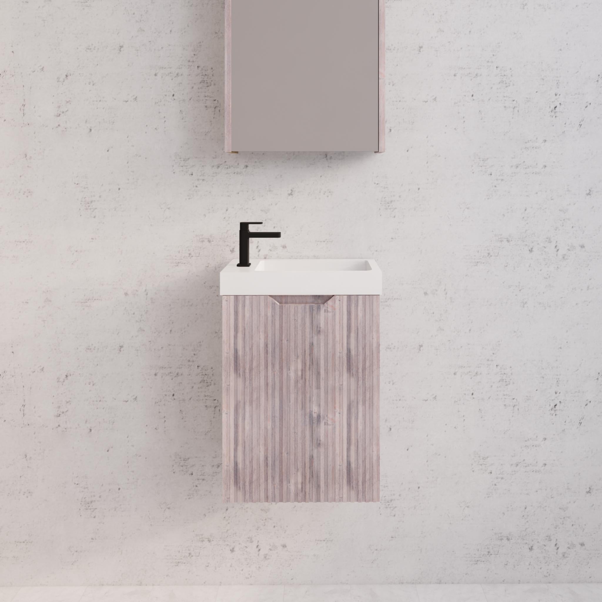 RIVA VIENNA WHITE OAK 450MM SPACE SAVING SINGLE BOWL WALL HUNG VANITY