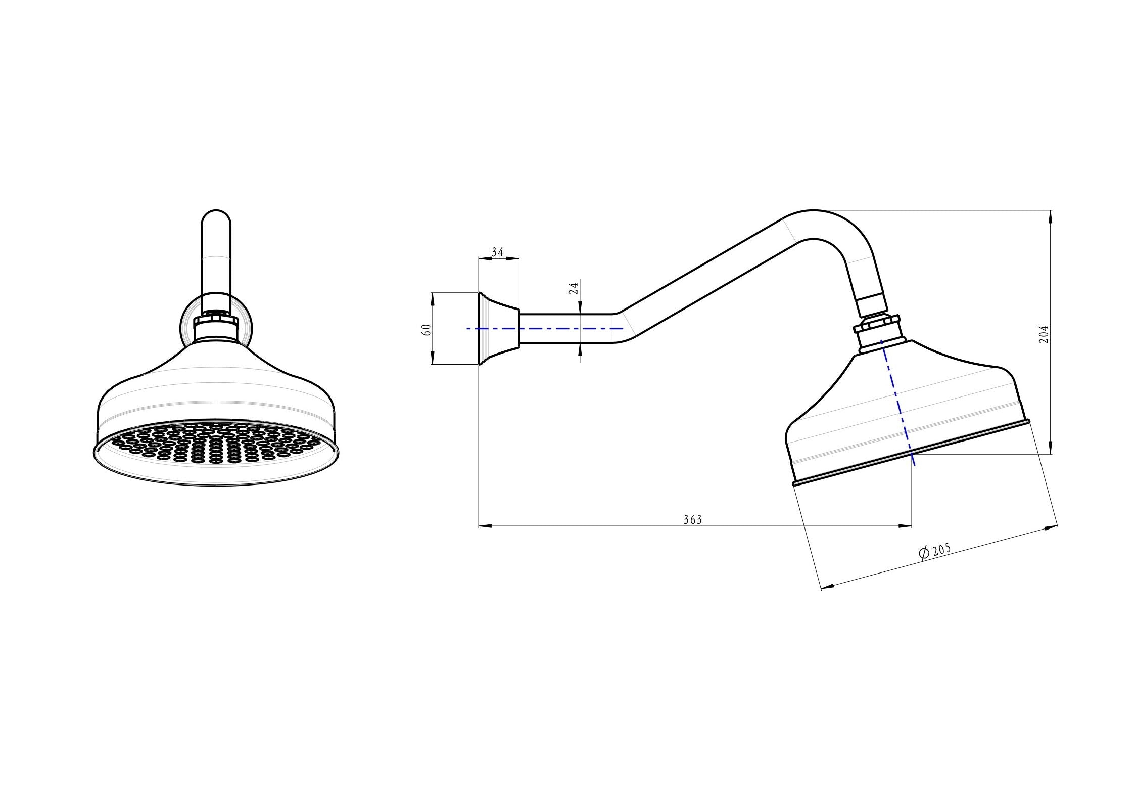 LINSOL VINTAGE SHOWER HEAD AND WALL ARM 205MM MATTE BLACK