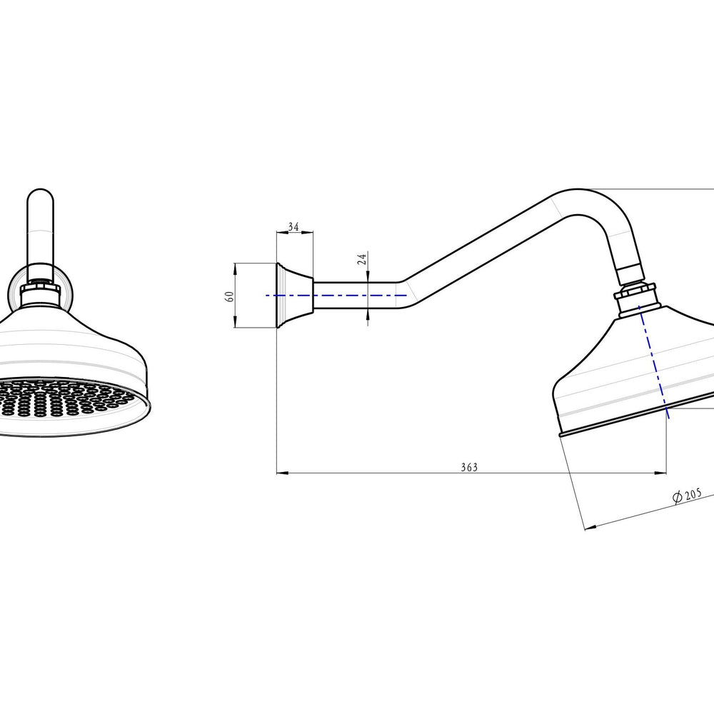 LINSOL VINTAGE SHOWER HEAD AND WALL ARM 205MM BRUSHED BRASS