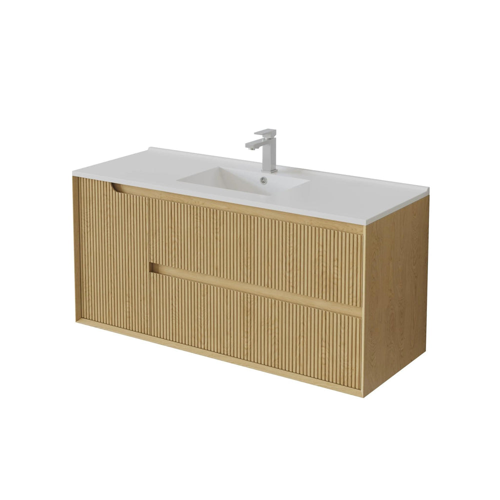 VITO BROOKLYN RED OAK FLUTED 1200MM SINGLE BOWL WALL HUNG VANITY (RIGHT HAND DRAWER)