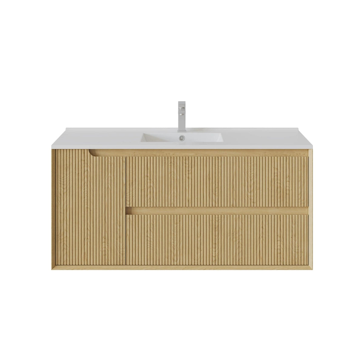 VITO BROOKLYN RED OAK FLUTED 1200MM SINGLE BOWL WALL HUNG VANITY (RIGHT HAND DRAWER)