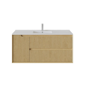 VITO BROOKLYN RED OAK FLUTED 1200MM SINGLE BOWL WALL HUNG VANITY (RIGHT HAND DRAWER)
