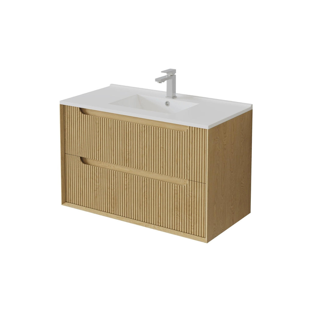 VITO BROOKLYN RED OAK FLUTED 900MM SINGLE BOWL WALL HUNG VANITY