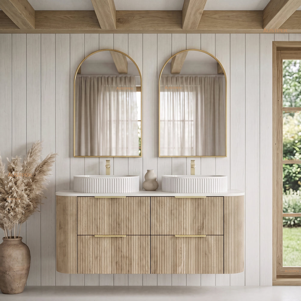 VITO ARDEN-D CLASSIC OAK 1200MM FLUTED CURVED DOUBLE BOWL WALL HUNG VANITY