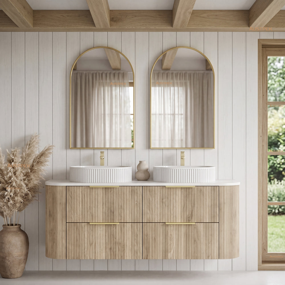 VITO ARDEN-D CLASSIC OAK 1500MM FLUTED CURVED DOUBLE BOWL WALL HUNG VANITY