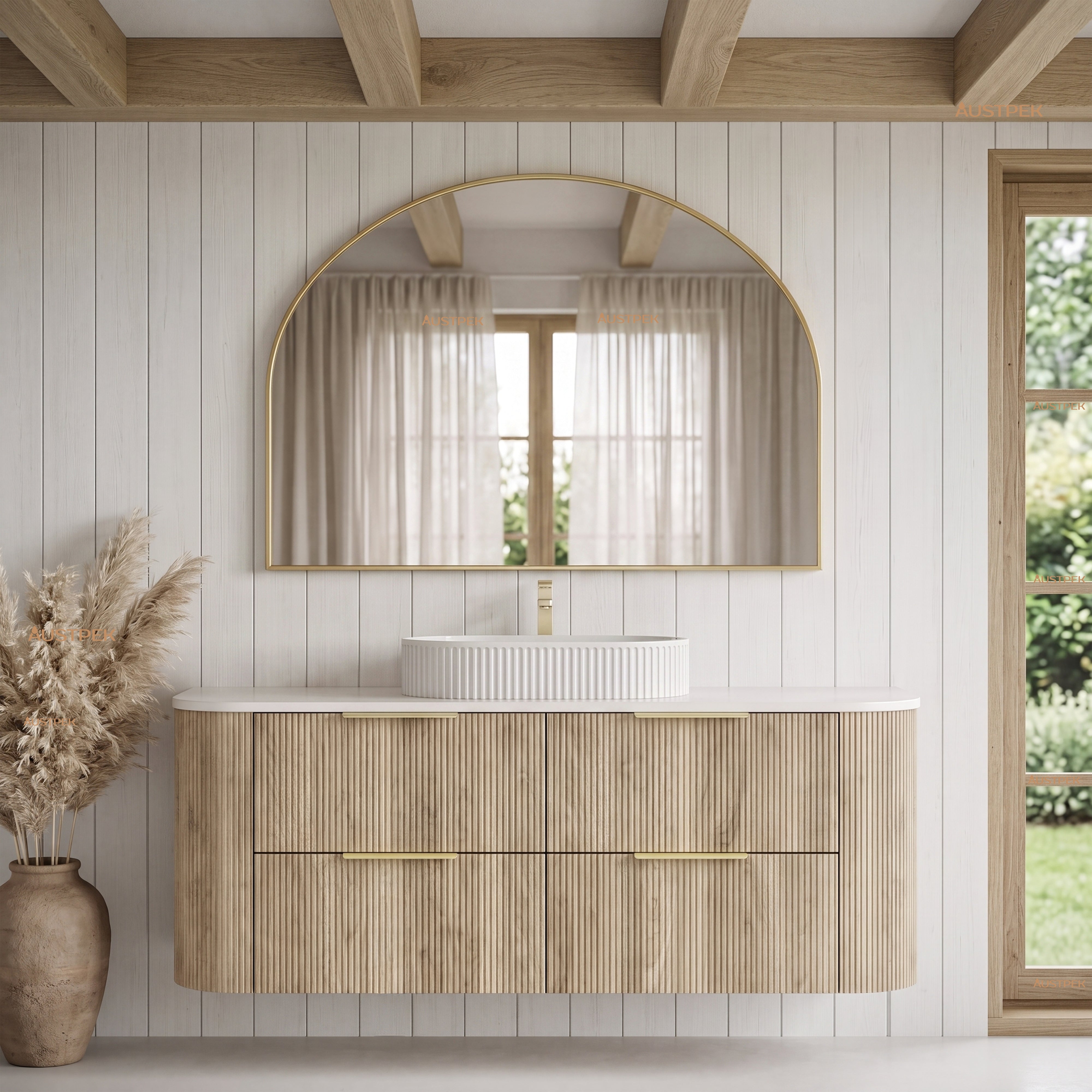 VITO ARDEN-D CLASSIC OAK 1500MM  FLUTED CURVED SINGLE BOWL WALL HUNG VANITY