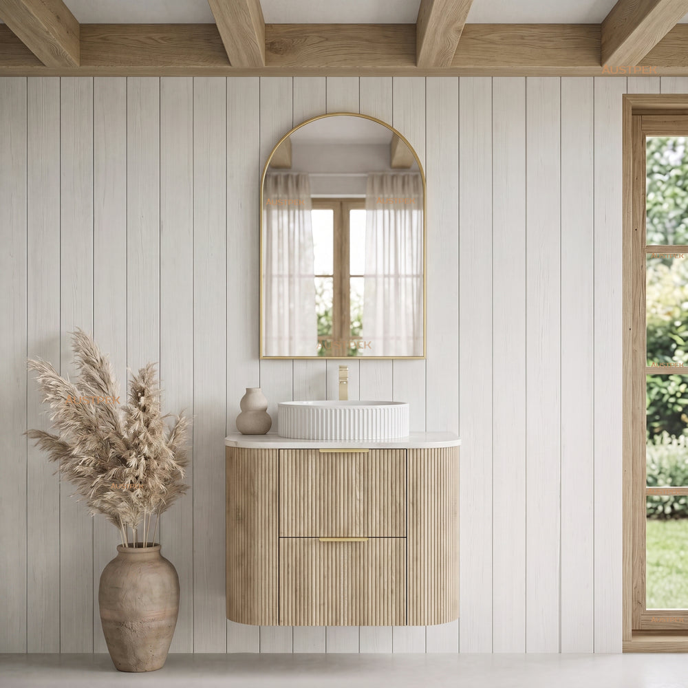 VITO ARDEN-D CLASSIC OAK 750MM FLUTED CURVED SINGLE BOWL WALL HUNG VANITY