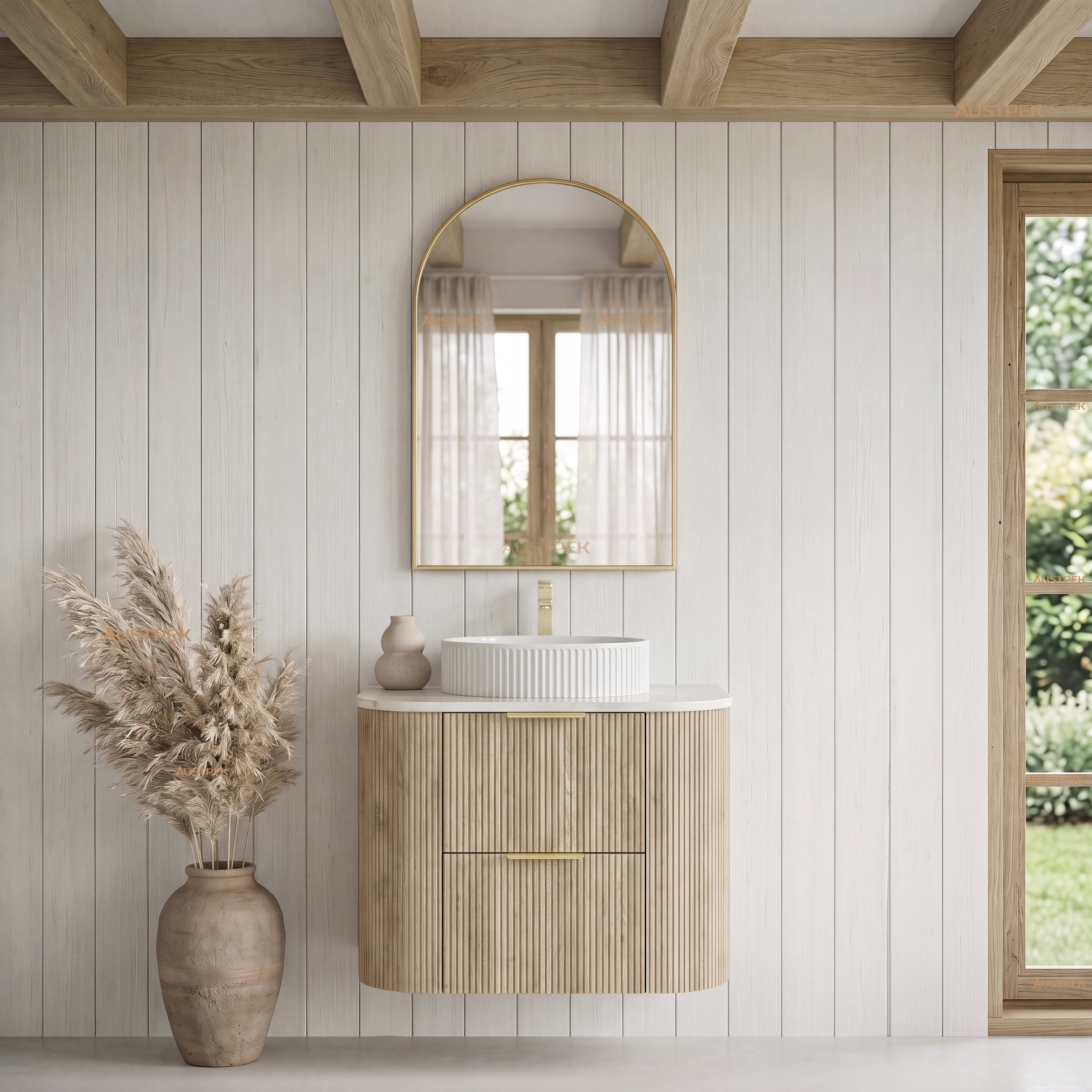 VITO ARDEN-D CLASSIC OAK 750MM FLUTED CURVED SINGLE BOWL WALL HUNG VANITY