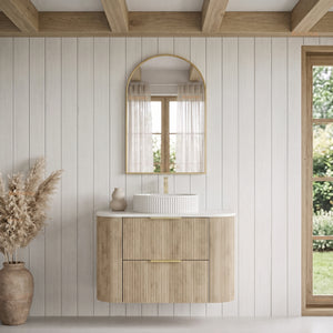 VITO ARDEN-D CLASSIC OAK 900MM FLUTED CURVED SINGLE BOWL WALL HUNG VANITY
