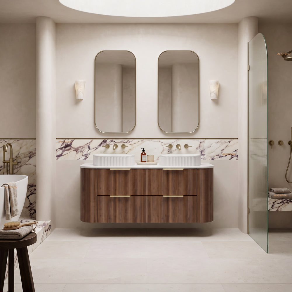 VITO ARDEN-D PRIME OAK 1200MM FLUTED CURVED DOUBLE BOWL WALL HUNG VANITY