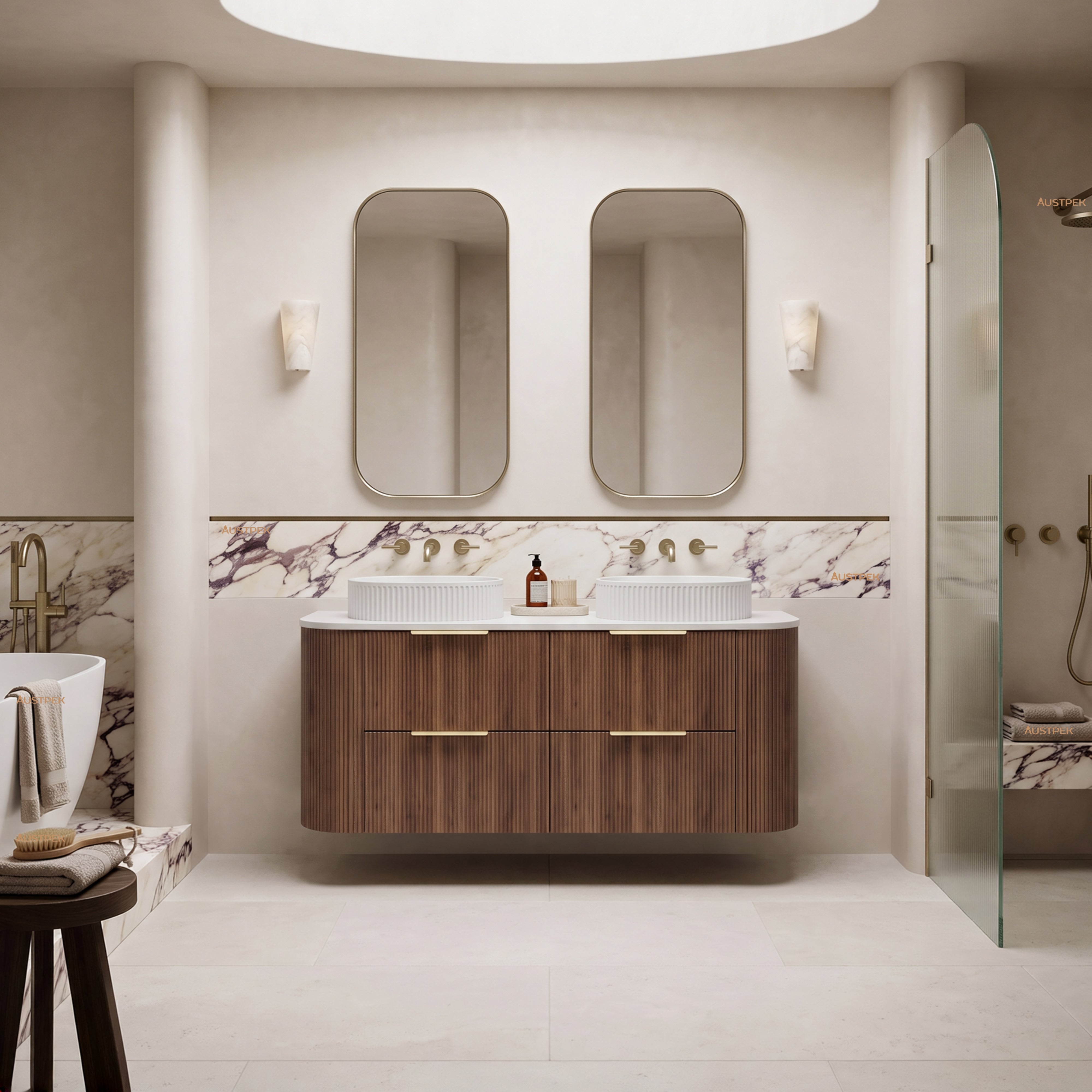 VITO ARDEN-D PRIME OAK 1200MM FLUTED CURVED DOUBLE BOWL WALL HUNG VANITY
