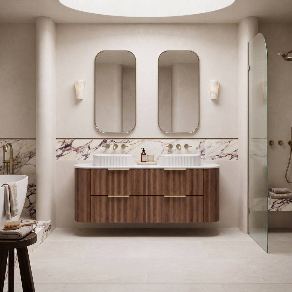 VITO ARDEN-D PRIME OAK 1500MM FLUTED CURVED DOUBLE BOWL WALL HUNG VANITY