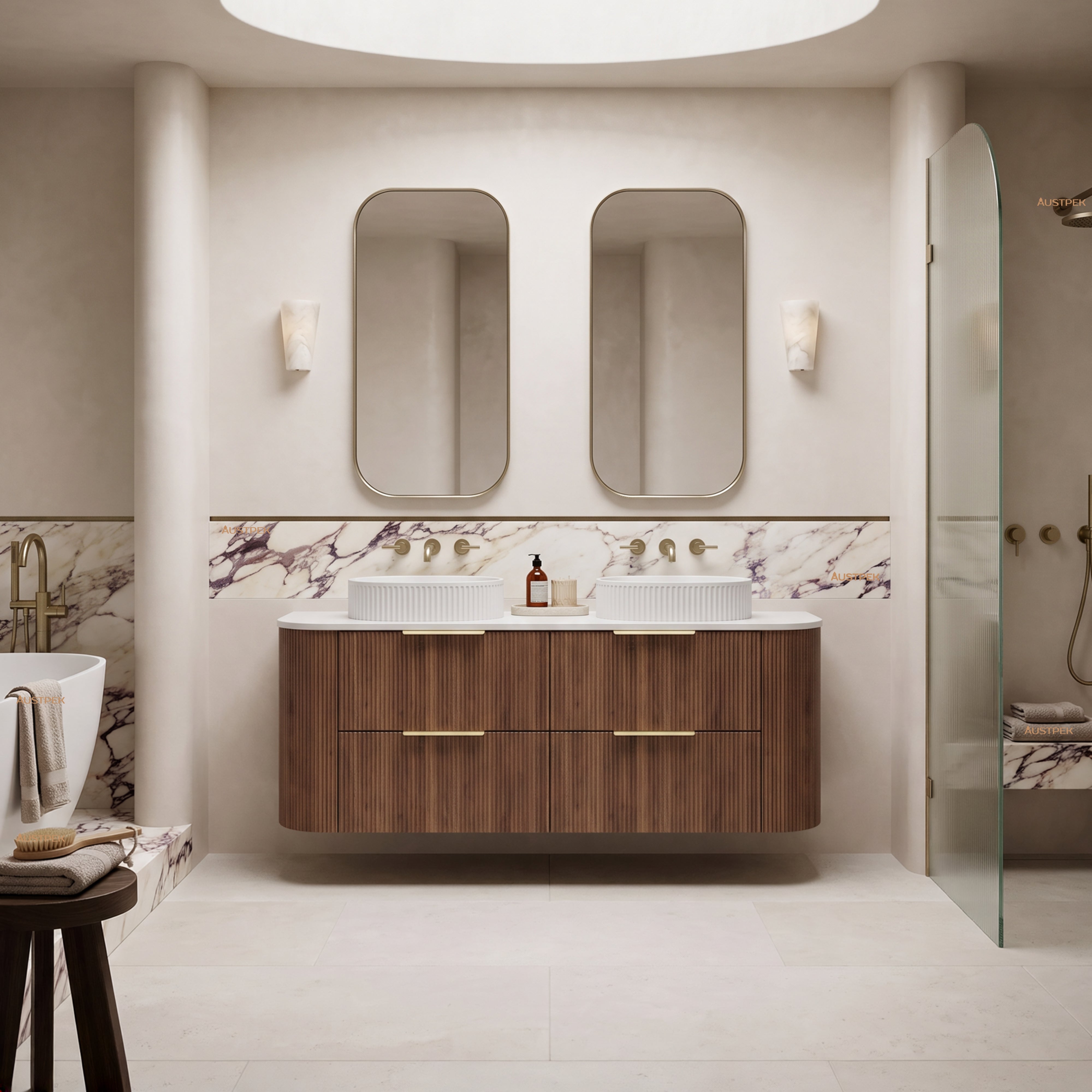 VITO ARDEN-D PRIME OAK 1500MM FLUTED CURVED DOUBLE BOWL WALL HUNG VANITY