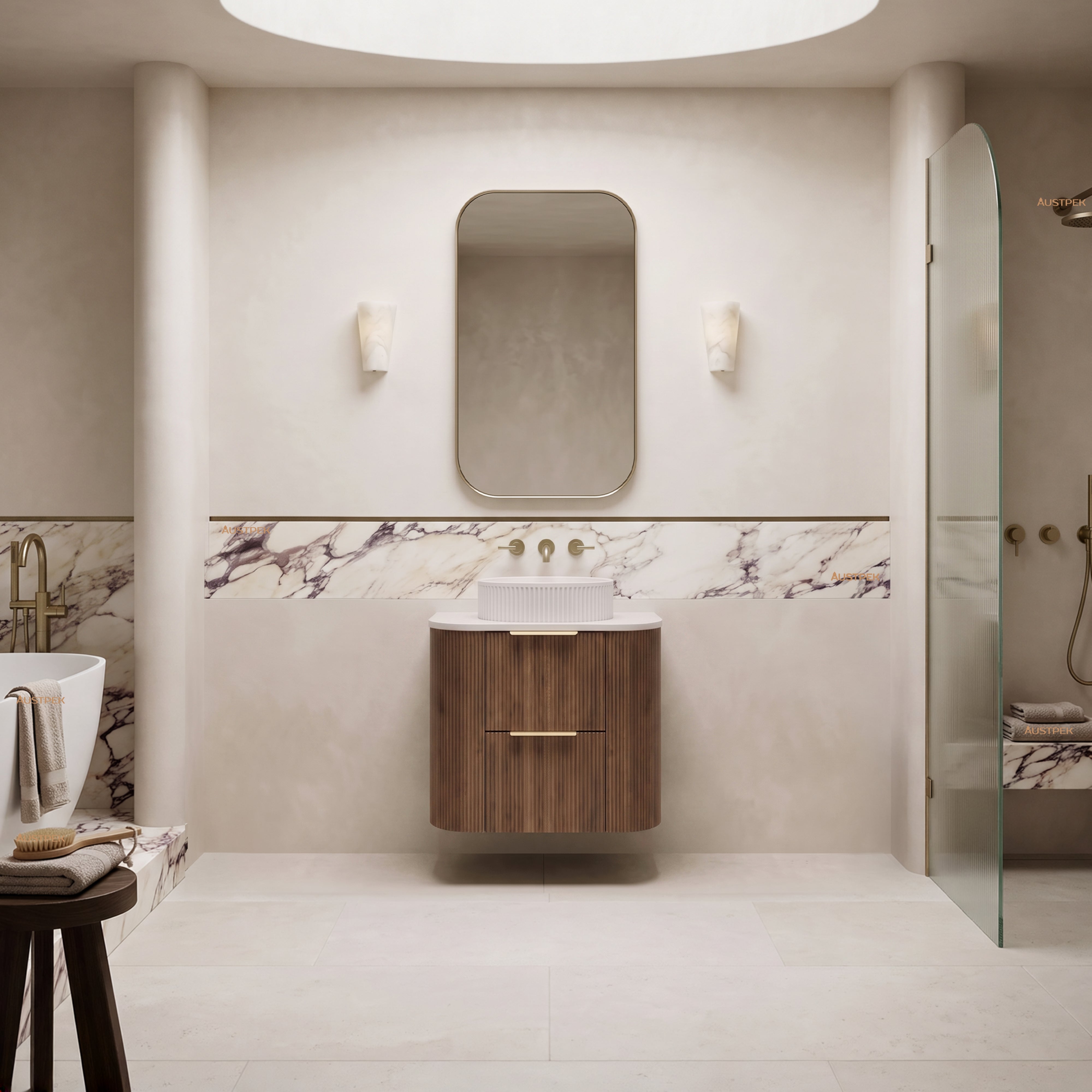 VITO ARDEN-D PRIME OAK 600MM FLUTED CURVED SINGLE BOWL WALL HUNG VANITY