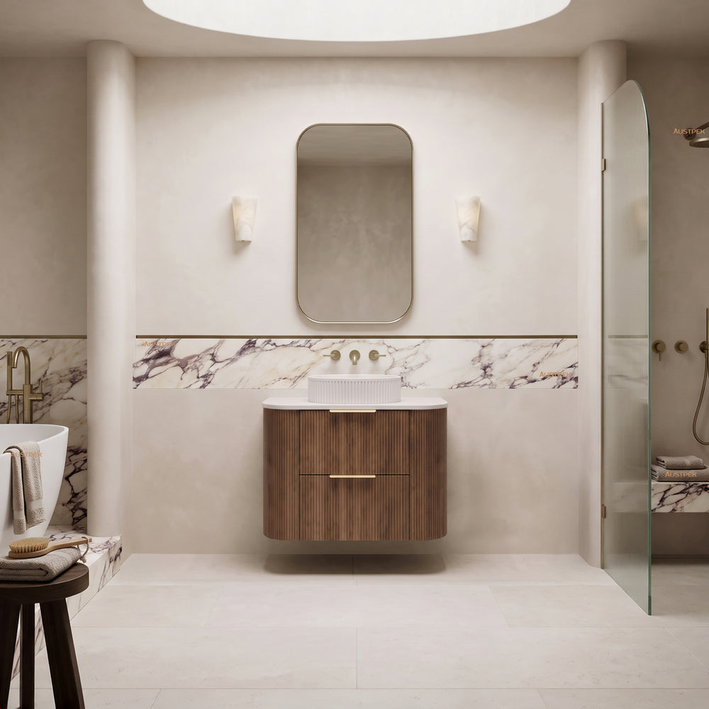 VITO ARDEN-D PRIME OAK 750MM FLUTED CURVED SINGLE BOWL WALL HUNG VANITY
