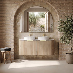 VITO ARDEN-S CLASSIC OAK 1200MM FLUTED CURVED DOUBLE BOWL WALL HUNG VANITY