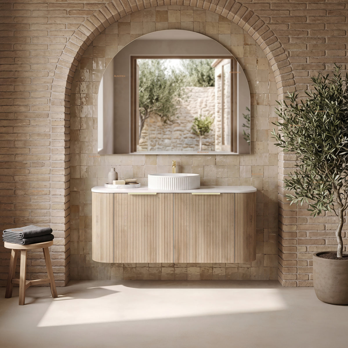 VITO ARDEN-S CLASSIC OAK 1200MM FLUTED CURVED SINGLE BOWL WALL HUNG VANITY
