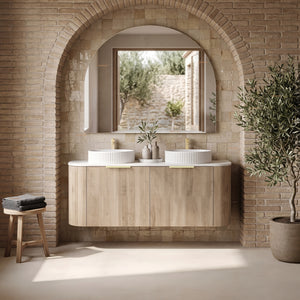 VITO ARDEN-S CLASSIC OAK 1500MM FLUTED CURVED DOUBLE BOWL WALL HUNG VANITY