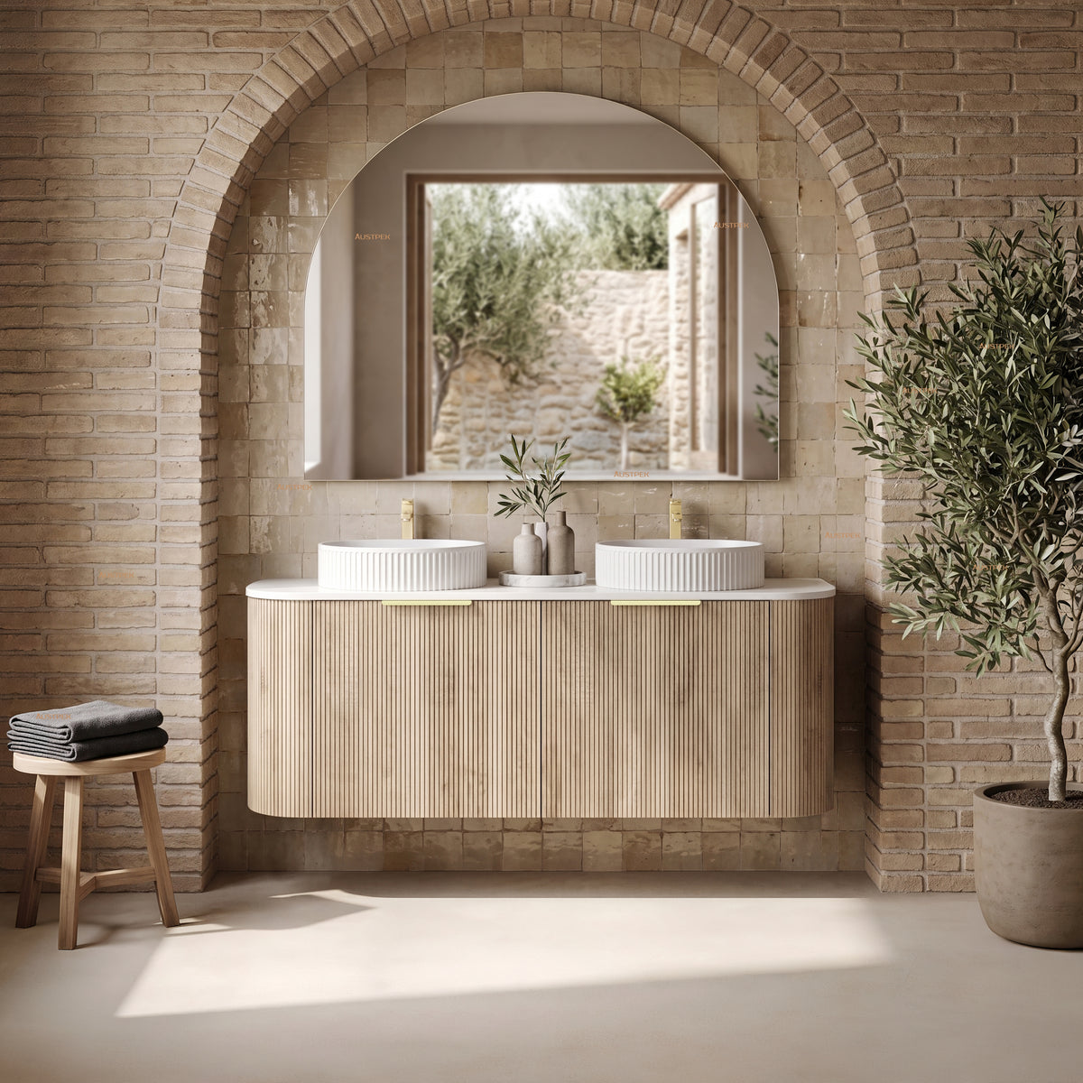 VITO ARDEN-S CLASSIC OAK 1500MM FLUTED CURVED DOUBLE BOWL WALL HUNG VANITY