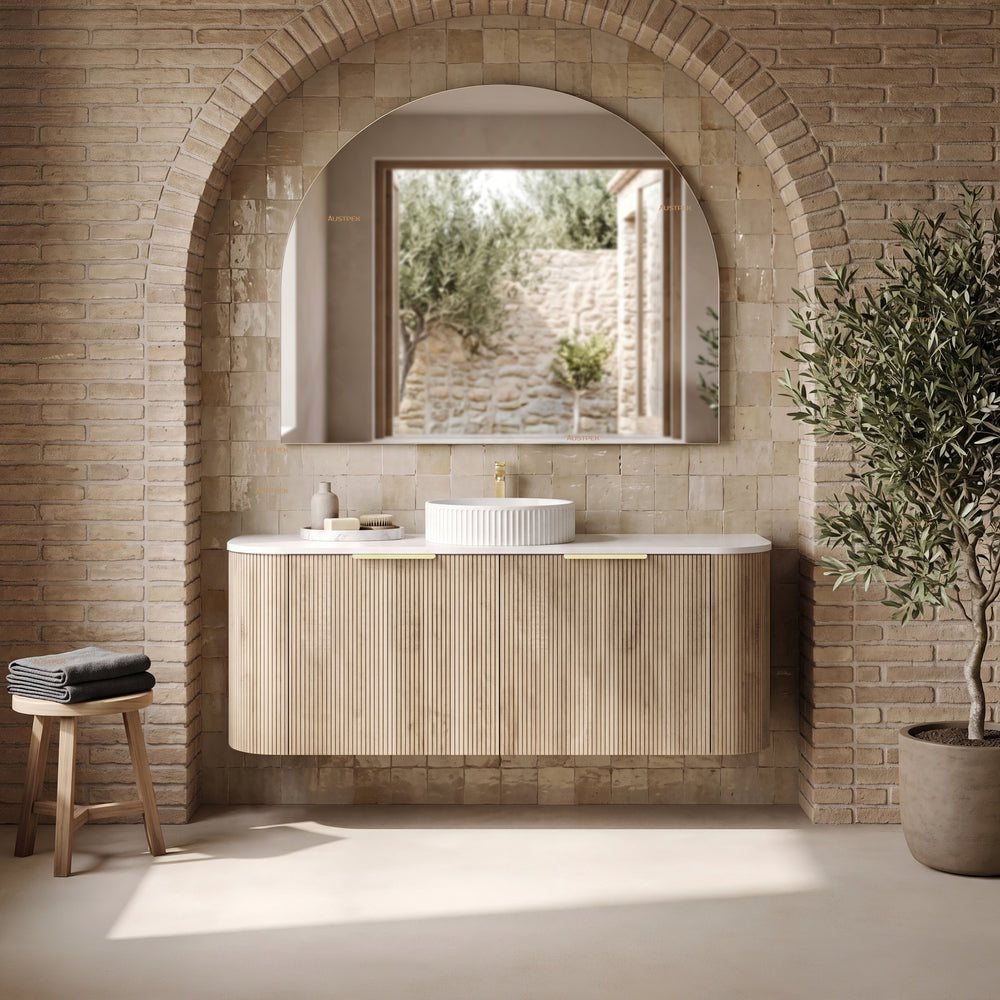 VITO ARDEN-S CLASSIC OAK 1500MM FLUTED CURVED SINGLE BOWL WALL HUNG VANITY