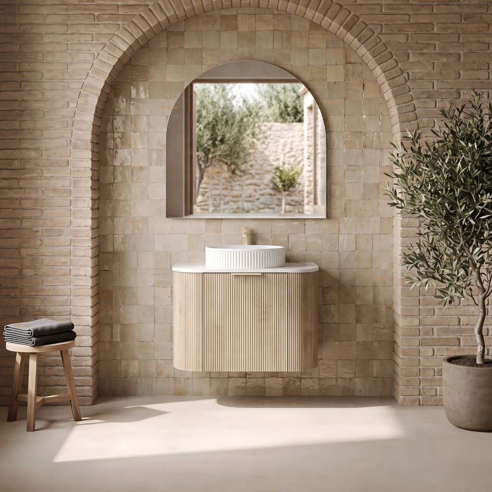 VITO ARDEN-S CLASSIC OAK 750MM FLUTED CURVED SINGLE BOWL WALL HUNG VANITY