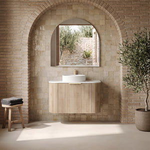 VITO ARDEN-S CLASSIC OAK 900MM FLUTED CURVED SINGLE BOWL WALL HUNG VANITY
