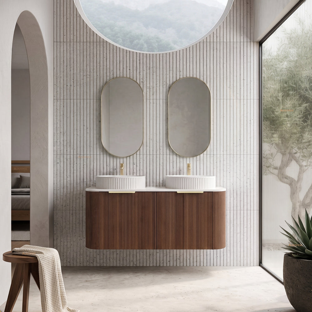 VITO ARDEN-S WALNUT 1200MM FLUTED CURVED DOUBLE BOWL WALL HUNG VANITY